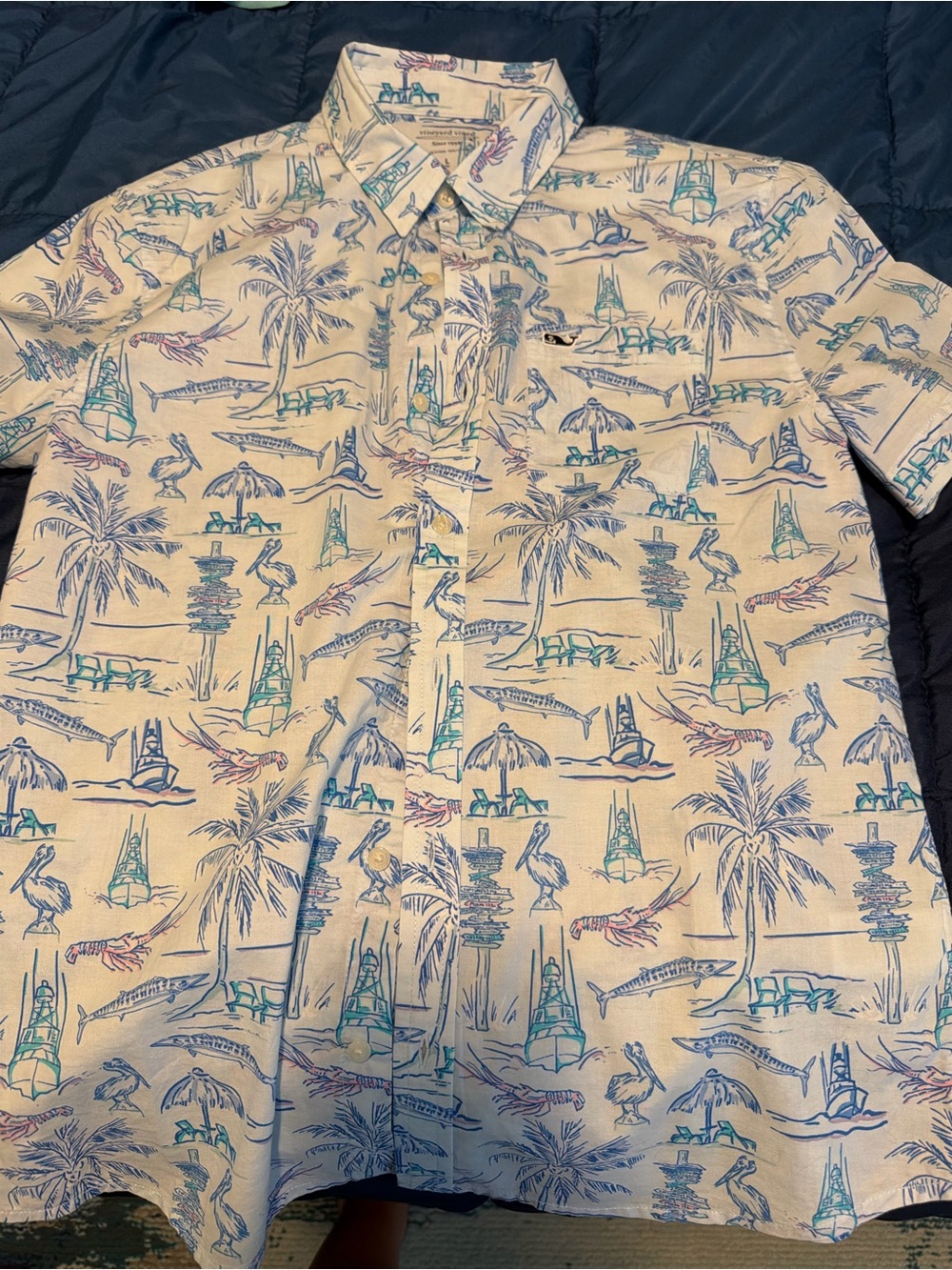 Vineyard Vines Cream Short-Sleeve Button-Down with Blue & Teal Nautical Print
